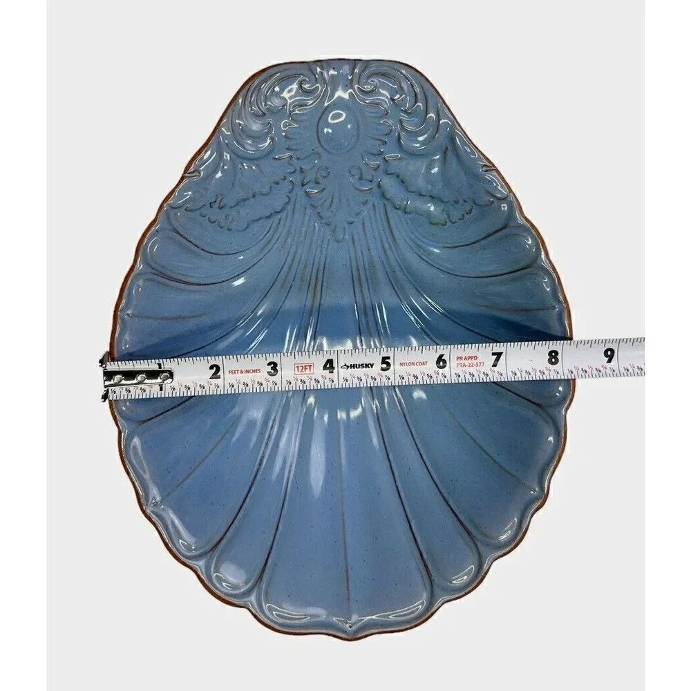 Vintage Loneoak & Co Pottery Terracotta Shell Serving Bowl Blue Glaze Dish 8x10